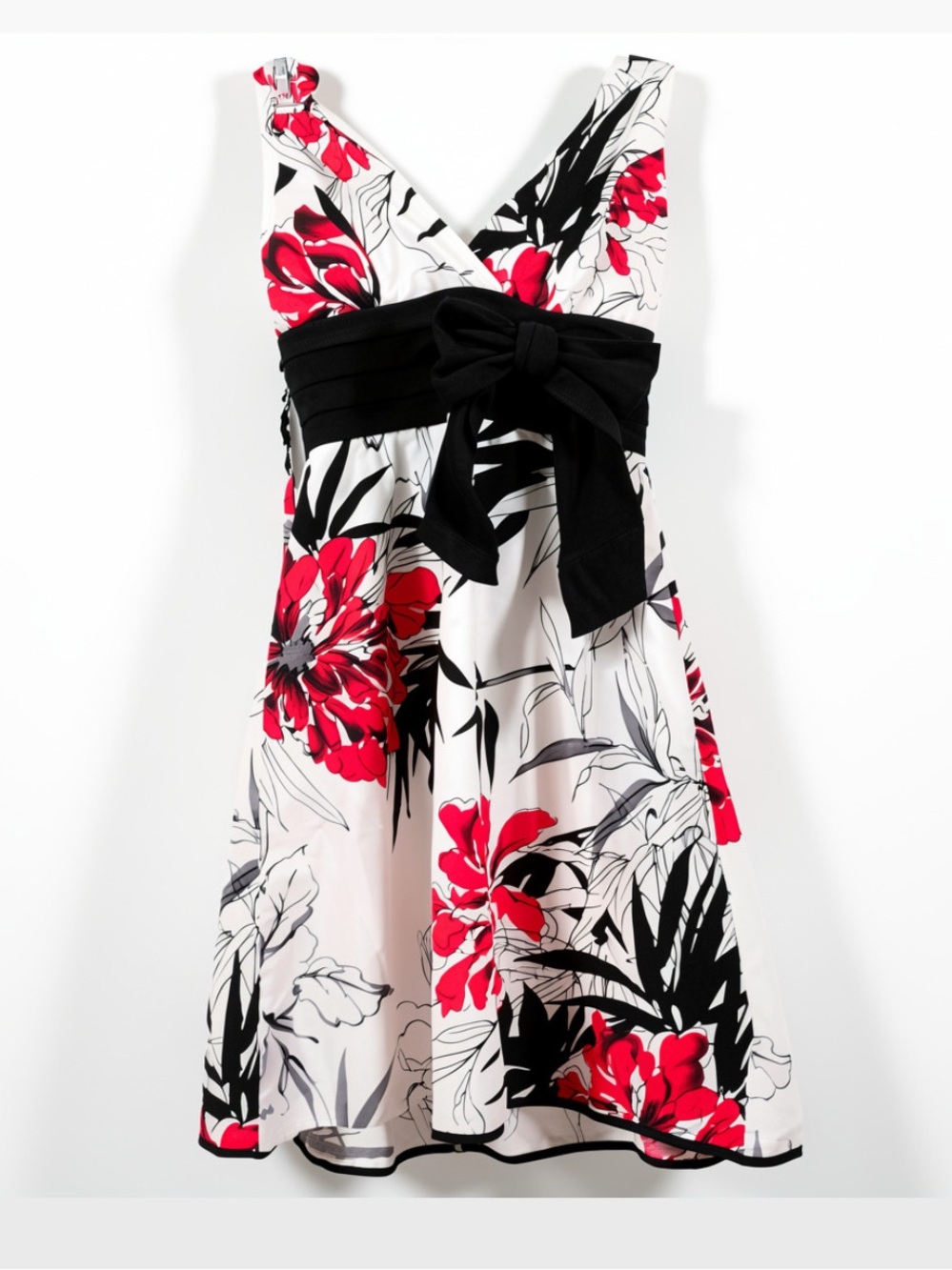 Pretty Red Black & White Sweetheart Floral Printed A Line Dress Bow Embellished